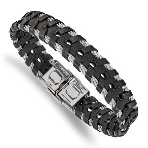 Black Bow Jewelry 12.5mm Stainless Steel Cable & Black or Brown Leather Bracelet, 8.25in - 1 of 4