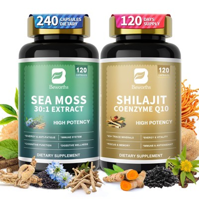 B Beworth Sea Moss and Shilajit Bundle, All in 1 Supplements for Energy, Endurance, Antioxidant & Immune Support, 240 Capsules