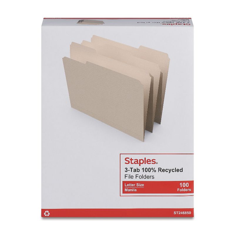 Staples 100% Recycled Manila File Folders Letter 3-Tab 100/Box (246850) TR246850-CC, 4 of 9