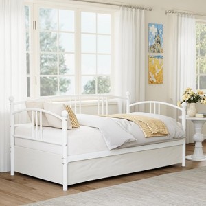 Twin Daybed with Trundle & Casters, Metal Frame Pullout Sleeper with Steel Slats, for Living Room Bedroom Guest Room Use - 1 of 4