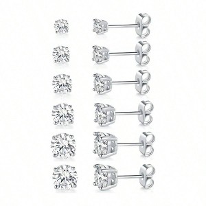 18K White Gold Plated 4 Pong Round Clear Cubic Zirconia Stud Earring Pack of 6 Pairs 6 Pairs - 1 of 4