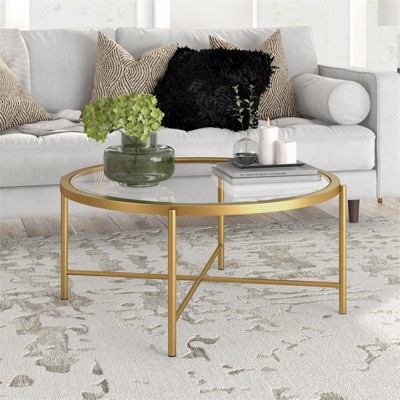 Brass 36" Round Glass Top Coffee Table with X-Base
