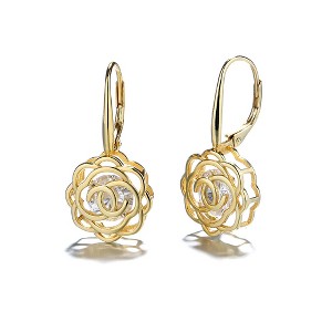 14K Gold Caged with crystals Rose Lever Back Earrings - 1 of 4