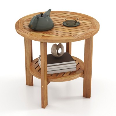 Tangkula Teak Wood 2-Tier Side Table 19.5" Round Coffee Table End Table w/ Slatted Top