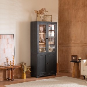 TOAOTBNBO Mid-Century Bookshelf with 5 Open Compartments, Tall Bookcase with Glass Doors and Adjustable Shelves, Display Book Shelf for Office, Black - 1 of 4