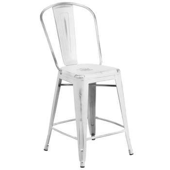 Emma and Oliver Commercial Grade 24"H Distressed Metal Indoor-Outdoor Counter Stool with Back