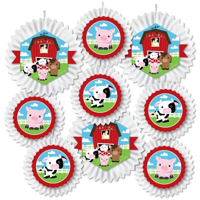 Big Dot of Happiness Farm Animals - Hanging Barnyard Baby Shower or Birthday Party Tissue Decoration Kit - Paper Fans - Set of 9