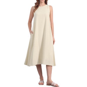INSPIRE CHIC Women's Linen Sleeveless Crew Neck Shift with Pockets Casual Midi Dress - 1 of 4