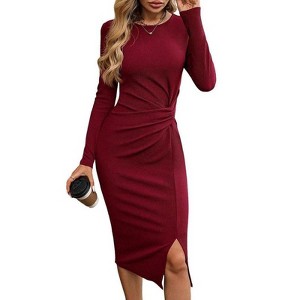 Coolmee Women's Long Sleeve Dress Casual V Neck Twist Waist Bodycon Slit Cocktail Party Midi Dresses - 1 of 4