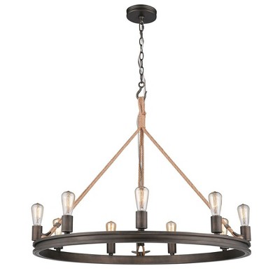 Rustic Gunmetal Bronze 9-Light Chandelier with Nautical Rope