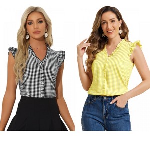 INSPIRE CHIC Women's Cap Sleeve Plaid Gingham Ruffle Shirt 2 Packs - 1 of 4