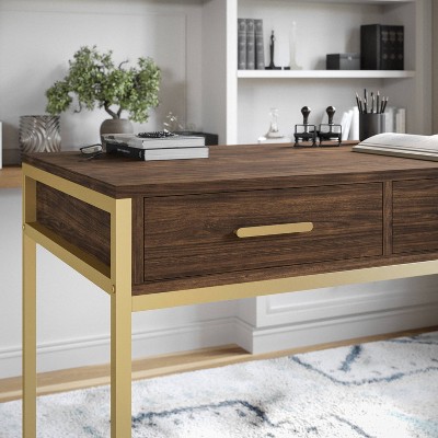 Walnut and Brass Modern Home Office Desk with Drawers