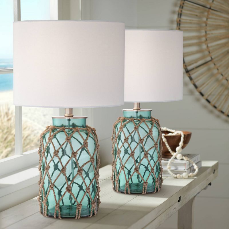360 Lighting Nautical Accent Table Lamps 22.5" High Set of 2 Coastal Blue Green Rope Net Off White Drum Shade for Living Room Family Bedroom, 2 of 9