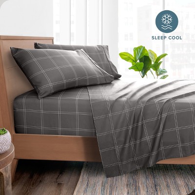 Twin XL Grey and White Plaid Microfiber Sheet Set