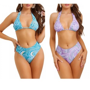 INSPIRE CHIC Women's Halter Lace Up Bra High Cut Triangle Thong Bottom Strappy Swimsuit 2 Sets - 1 of 4