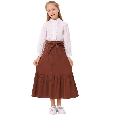 Girl's Button Midi Skirts Casual High Elastic Waist A Line Pleated Midi Chiffon Pink Skirts with Pockets