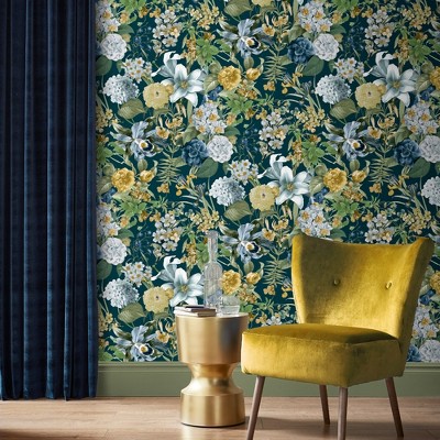 Midnight Garden Flora Blue and Green Wallpaper Roll