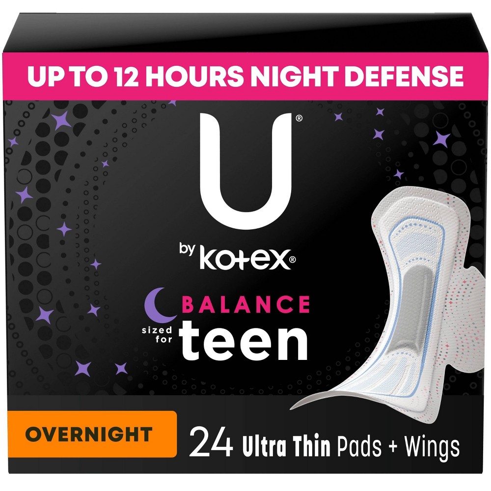 U by Kotex Balance Sized for Teens Ultra-Thin Pads with Wings - Overnight - Unscented - 24ct