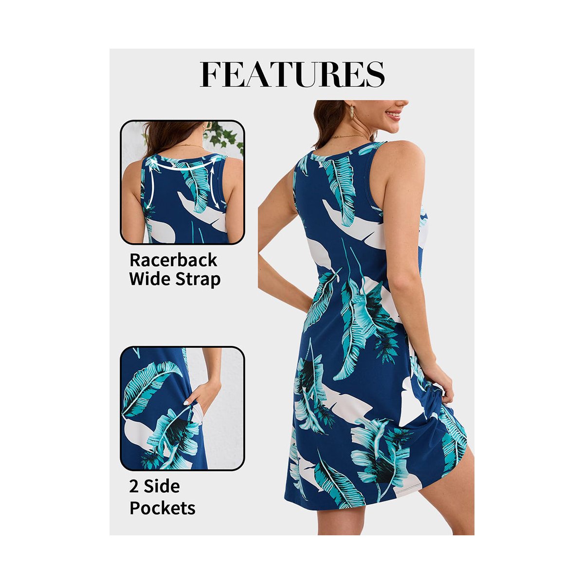 Женские платья Attraco Built in Bra Dress with Pockets for Women 2026 Summer Dresses Casual Cotton V Neck Sundress Navy Tropical Leaf S — фото 8