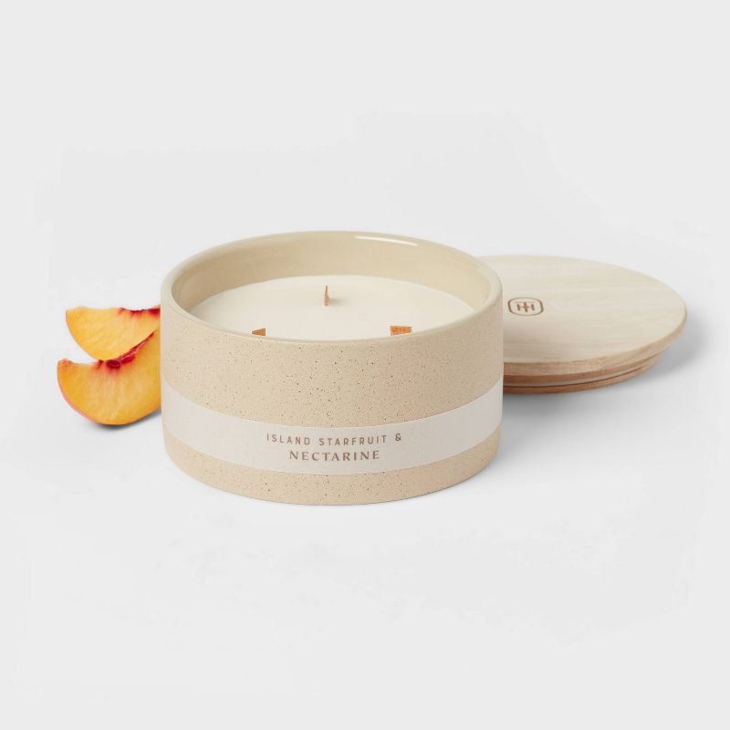 3-Wick 14oz Matte Textured Ceramic Wooden Wick Candle Ivory/Island Starfruit and Nectarine - Threshold&#8482;, 4 of 5