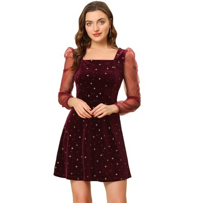 INSPIRE CHIC Women's Mesh Sheer Puff Long Sleeve Square Neck Glitter Star Mini Velvet Dress