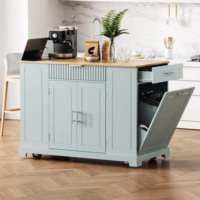 Fluted Kitchen Island with Trash Can Storage Cabinet, Power Outlet, Internal Storage Rack, Rolling Kitchen Storage Cart
