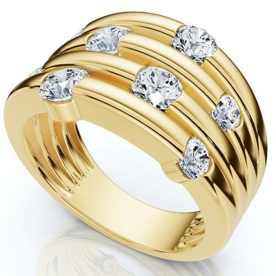 Pompeii3 1ct Yellow Gold Real Diamond 14K Right Hand Womens Fashion Multi Row Ring
