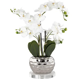 Dahlia Studios Potted Faux Artificial Flowers Realistic White Orchid in Silver Pot Round Riser for Home Decor Living Room 23" High - 1 of 4