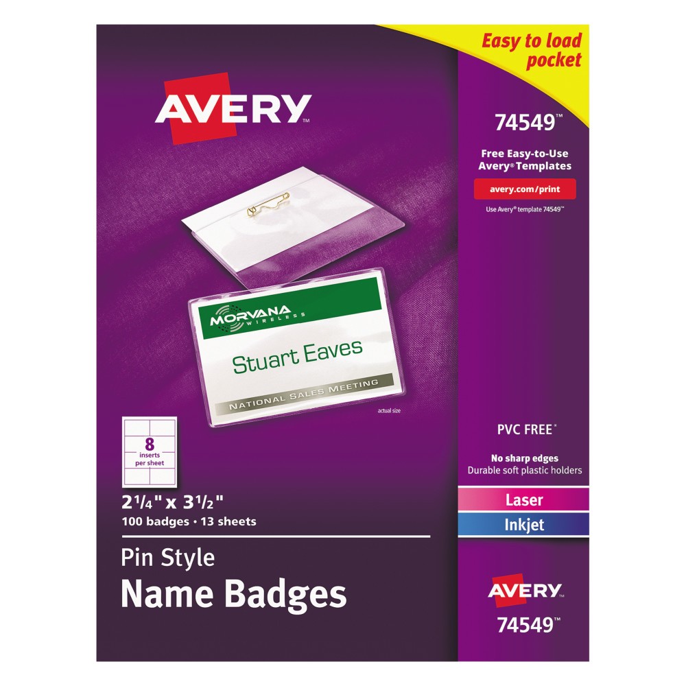 Badge Holder Kit W/laser/inkjet Insert, Top Load, 2 1/4 X 3 1/2, White, 100/bx