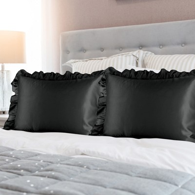 2 Pcs 20"x26" Silky Satin Envelope Pillow Cases Black - PiccoCasa