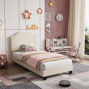 Bed Frames Twin Size with Velvet Upholstered Adjustable Headboard, Corduroy Platform Bed, Sturdy Wood Slats - 1 of 4