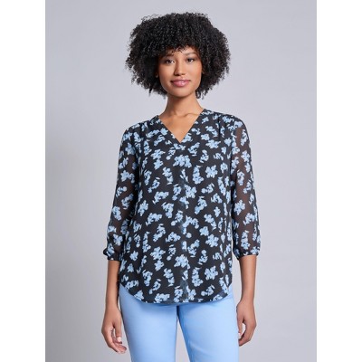 Jones New York Printed V-Neck Pleated Kelly Blouse