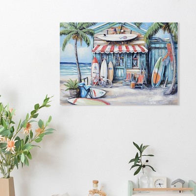 Fisfet Blue Beach House Surfboard Coconut Tree Ocean Wall Art - Coastal Tropical Landscape Mural Print - Vibrant Seaside Decor
