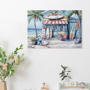 Fisfet Blue Beach House Surfboard Coconut Tree Ocean Wall Art - Coastal Tropical Landscape Mural Print - Vibrant Seaside Decor - 1 of 4