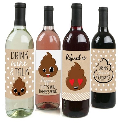 Big Dot of Happiness Party 'Til You're Pooped - Poop Emoji Party Decorations for Women and Men - Wine Bottle Label Stickers - Set of 4