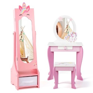 Costway Kids Vanity Set Princess Makeup Dressing Table and Chair Set with Jewelry Armoire White/Pink - 1 of 4