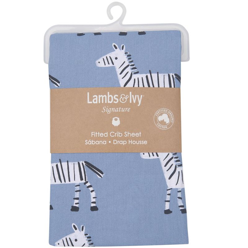 Lambs & Ivy Signature Zebra Blue Organic Cotton Breathable Fitted Crib Sheet, 3 of 5