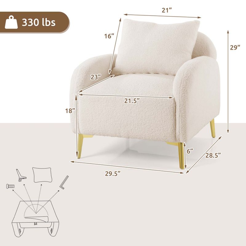 Costway Modern Upholstered Accent Chair Teddy Club Single Sofa Armchair with Pillow White, 3 of 9