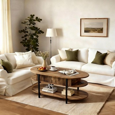 WOWLIVE 41.7" Oval Lift Top Coffee Table with Hidden Compartment, 3 Tier Fluted Wood Center Tables with Storage Shelf for Living Room