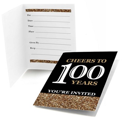 Big Dot of Happiness Adult 100th Birthday - Gold - Fill-In Birthday Party Invitations (8 count)