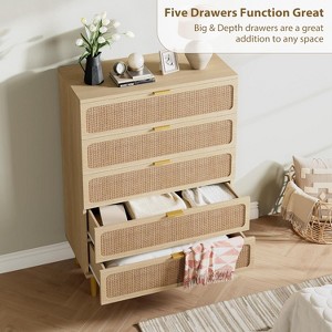 Rattan 5-Drawer Tall Dresser with Wide Top, Deep Storage Chest for Bedroom, Living Room, Closet, Natural Wood Finish - 1 of 4