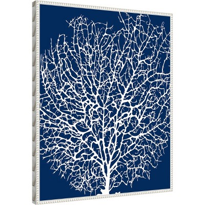 Navy and White Coral Print on Canvas with Beaded Frame