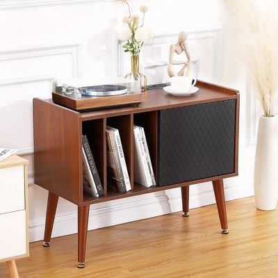 Mid-Century Brown Wood Record Player Stand with Charging Station