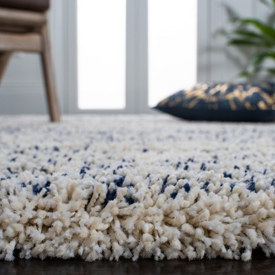 Ivory and Navy Square Shag Area Rug, 7' x 7'