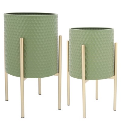 Sagebrook Home Set of Honeycomb Planters on Metal Stand Olive/Gold