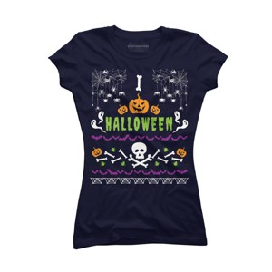 Junior's Design By Humans Halloween Lover Ugly Sweater By machmigo T-Shirt - 1 of 3