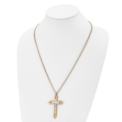 Chisel Stainless Steel Yellow IP-plated Diamond Cut Cross Pendant on a 24" Curb Chain Necklace