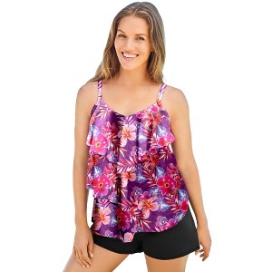 Swim 365 Women's Plus Size Longer-Length Tiered-Ruffle Tankini Top - 1 of 4