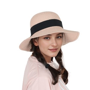 Anna-Kaci Wide Brim Straw Sun Hat with Black Ribbon Bow Adjustable Chin Strap Inner Sweatband for Outdoor and Travel Use - 1 of 4