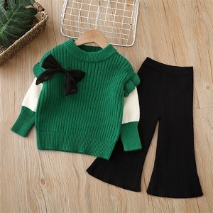 MyKids-USA Baby Solid Color Bow Patched Sweater With Pants Sets - 1 of 4